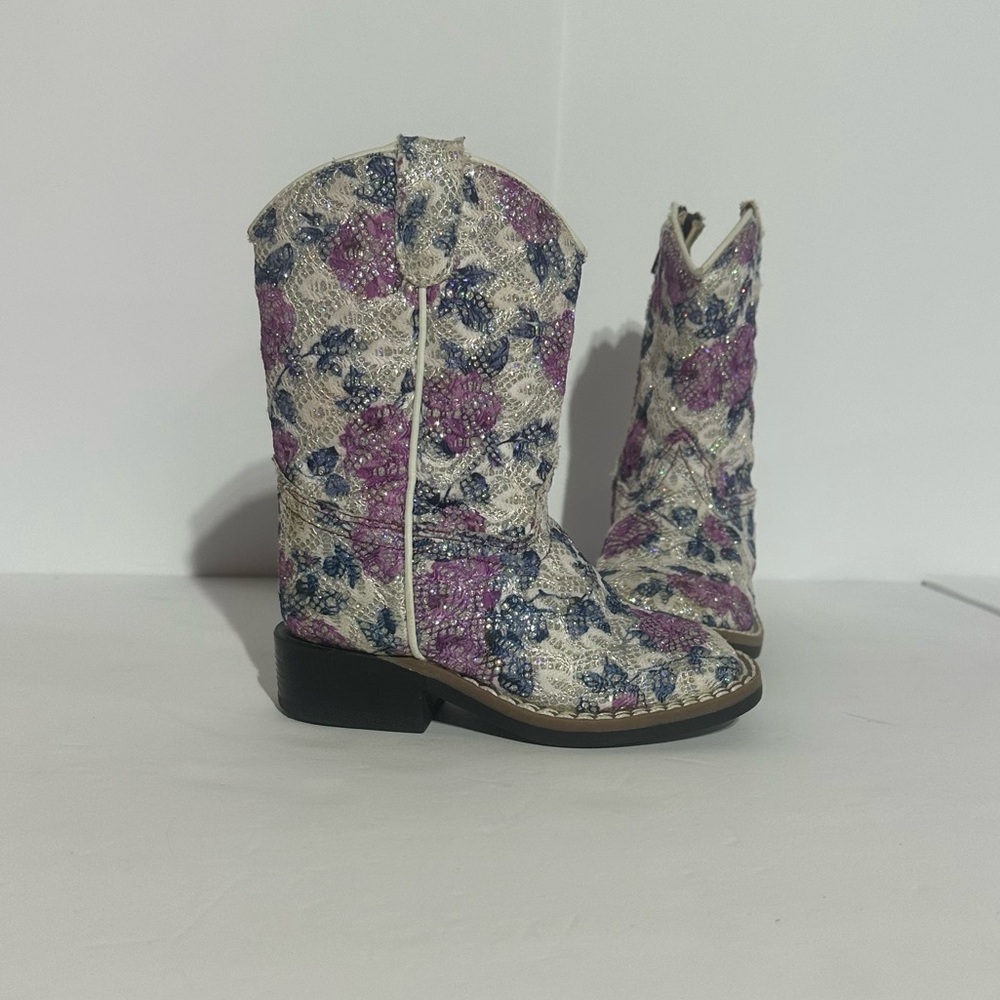 Old West Flower Girl Bling White and Purple Embroidered Square Toe Boots